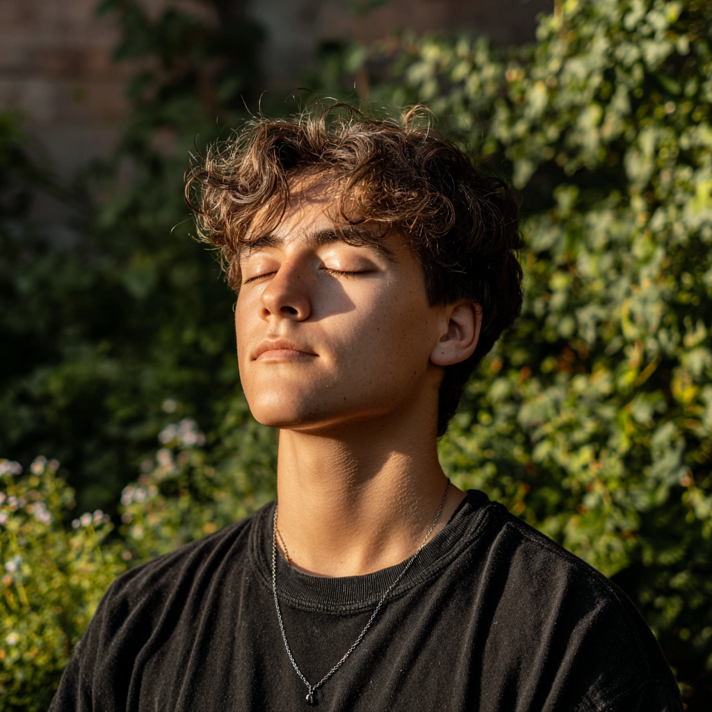 Femeie tânără româncă zâmbitoare în poziție de yoga, cu părul lung și îmbrăcată în haine sport albe, pe o saltea de yoga albastră, în studio natural cu lumină caldă