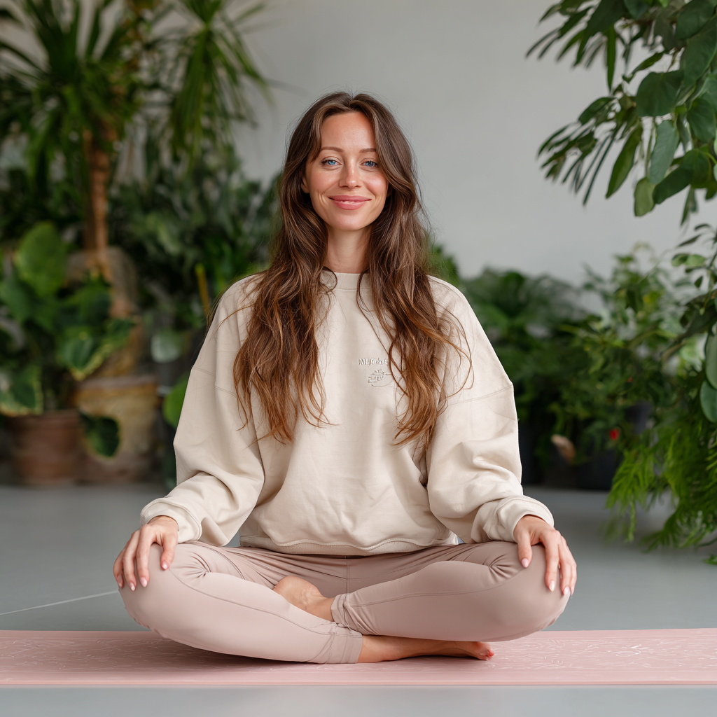 Bărbat român zâmbitor în vârstă de 35 de ani, cu părul scurt și barba îngrijită, în poziție de yoga warrior, îmbrăcat în tricou gri și pantaloni sport negri, pe o saltea mov în studio luminosu