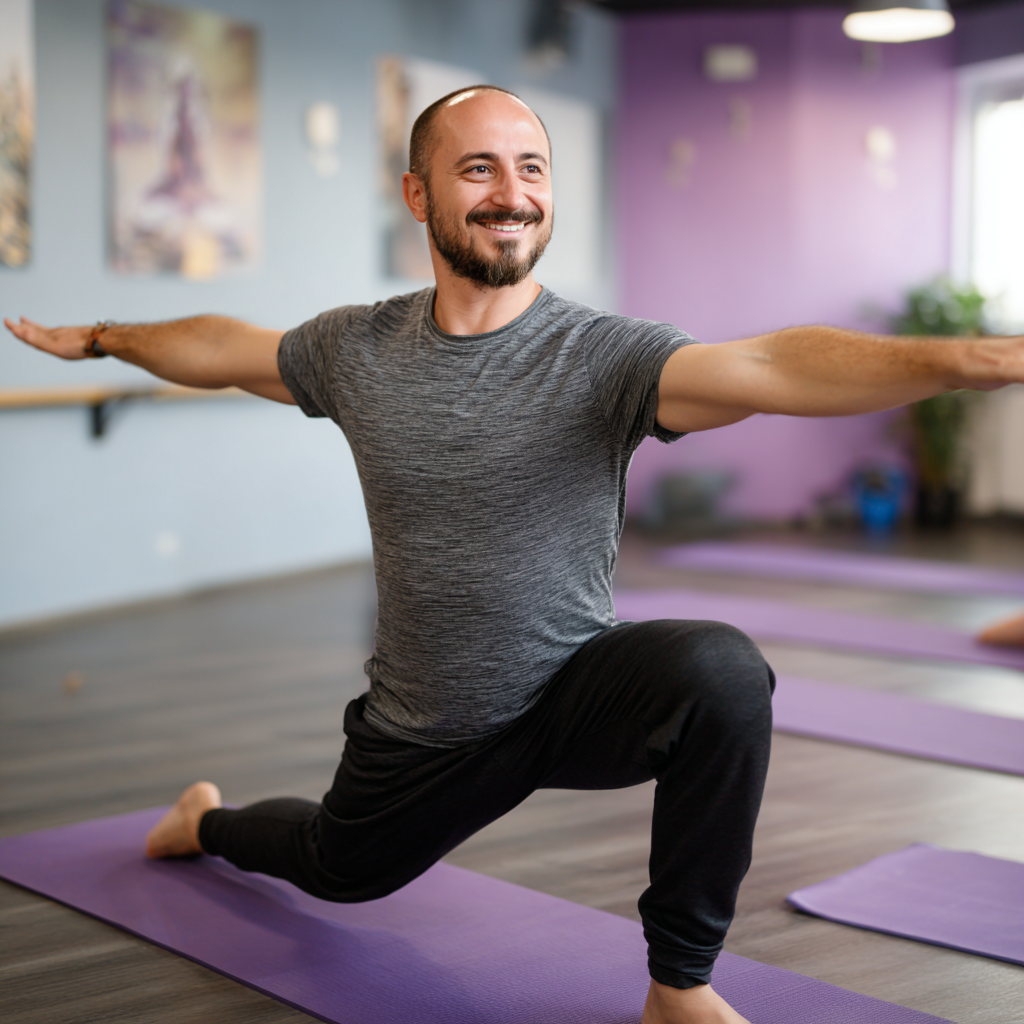 Interior studio smeluton cu saltele de yoga colorate aranjate în cerc, lumină naturală din ferestre mari, plante verzi în ghivece și o atmosferă liniștită și primitoare